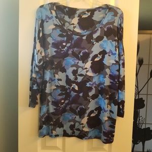 Coldwater Creek Blue Black Flower 3/4 Sleeve Tunic